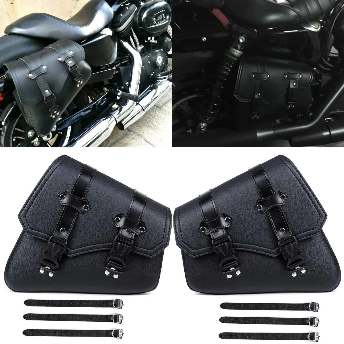 Motorcycle Saddlebags Side Tool Bag PU Leather Luggage Saddle Bag Pouch Black Universal