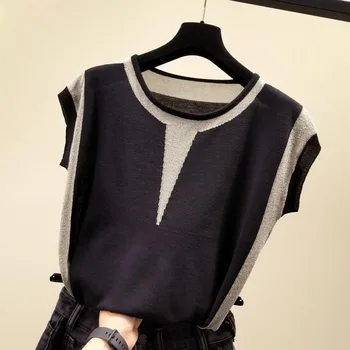 

women knitted summer t-shirt female girls Summer dress bright silk mixed color ice silk sleeveless o-neck sweater thin tops tees