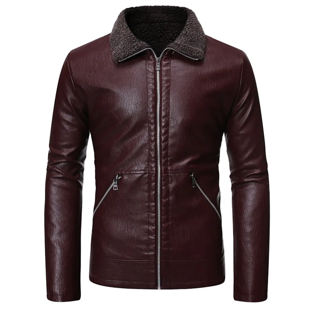 Men's Faux Leather New Style Fashionable Pure-Color Jackets Locomotive Leather Coat Collar Coat Coats - Цвет: Красный
