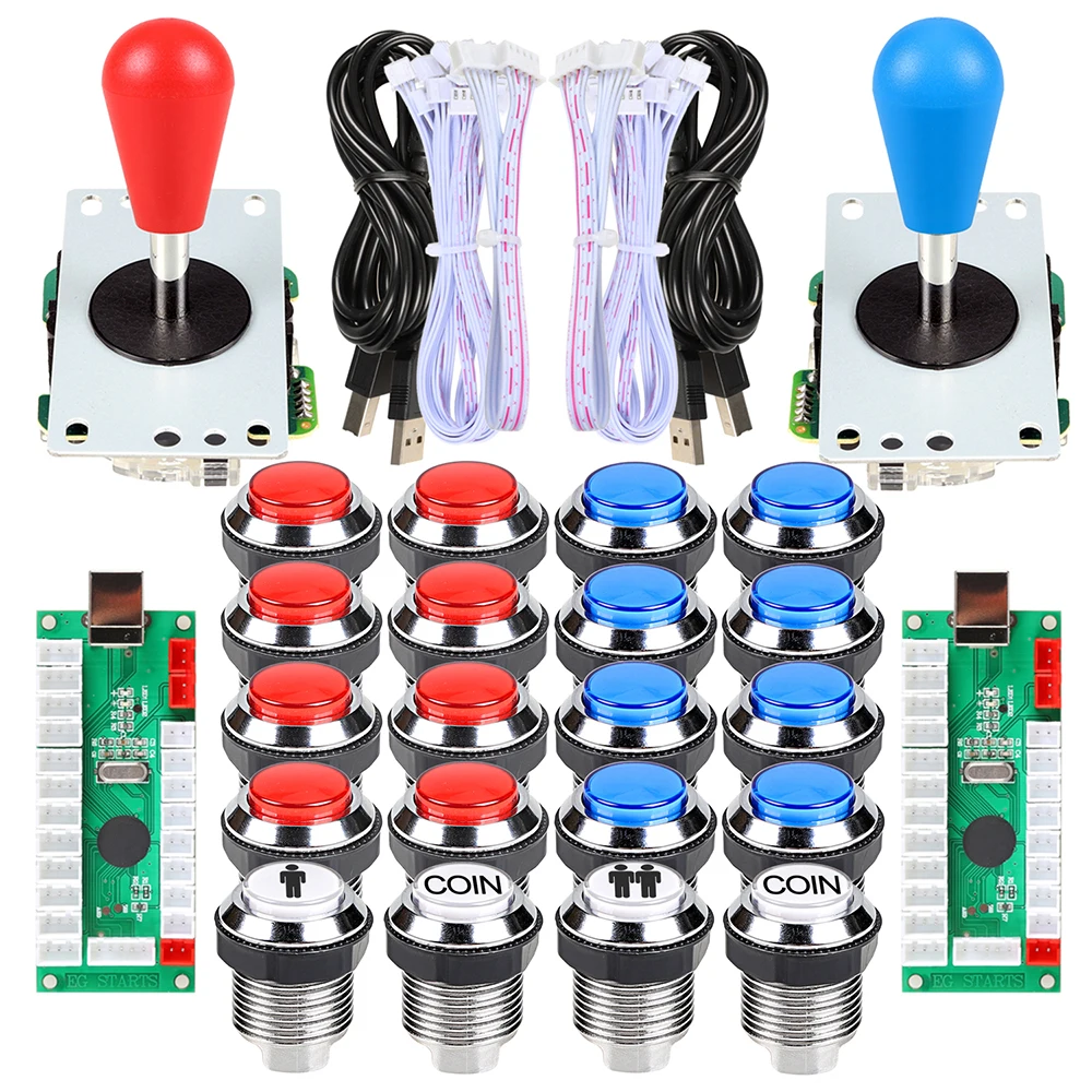 2 Player Ellipse Arcade Kit Oval Bat Joystick Handles LED Chrome Arcade Buttons for Arcade Standard Controller DIY Games MAME 