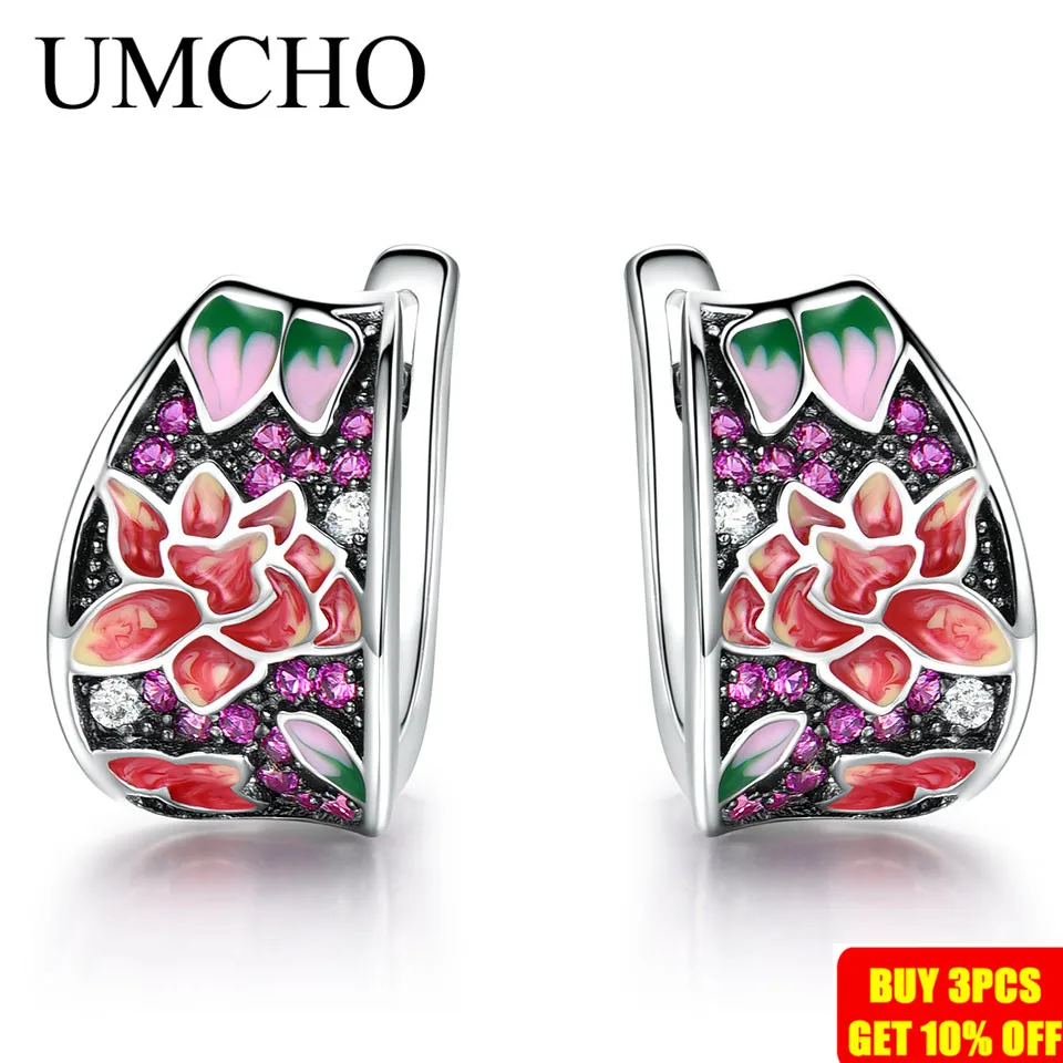 Tanie UMCHO Handmade emalia ciemnoczerwony klipsy dla kobiet srebro 925 biżuteria Party prezent ślubny 925 srebro Fine Jewelry