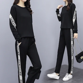 

2020 Spring New Women's Sports Two-piece Sets Korean Casual Letter Printing Black Female Tracksuit Pullover O-neck Plus 5XL