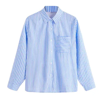 

Blue Color Stripe Print Shirt Fashion Womens Stripe Button Long Sleeves Inch Pocket Shirt Blusa Feminina Tops Blouse 2019 #C10