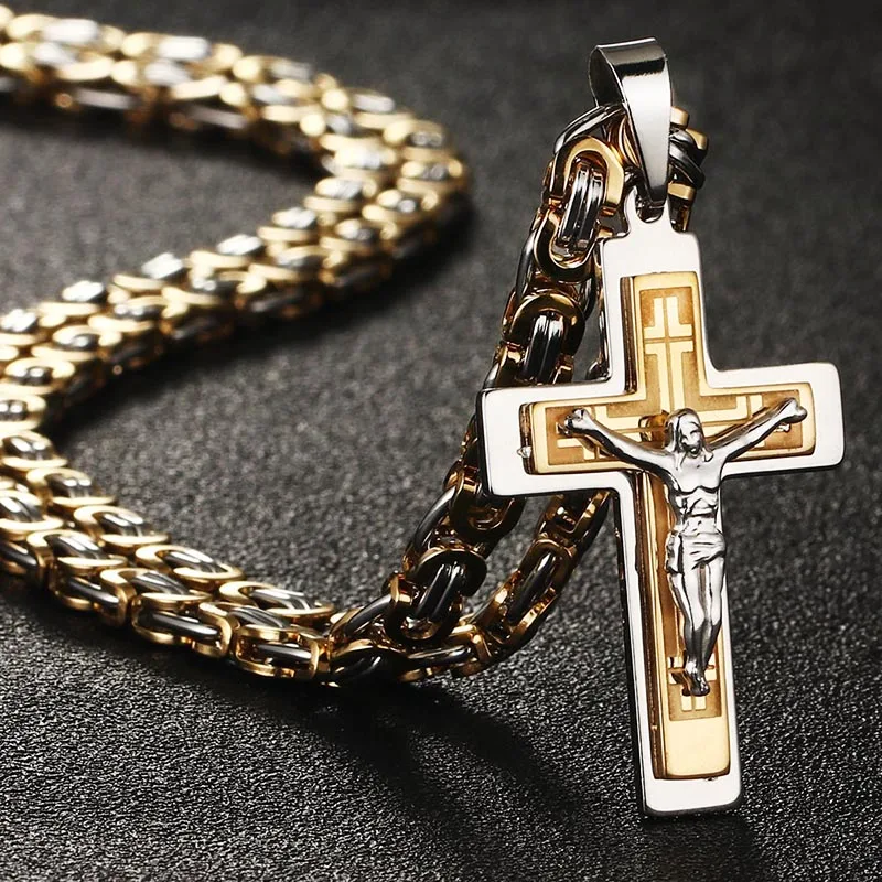 Special Offers Punk Necklaces Jewelry Byzantine Chain Cross Pendant Heavy-Crucifix Stainless-Steel Gold LWyWk9ORz