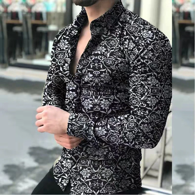 

2022 Shirts Vintage Flowers 3D Print Hawaiian Casual Button Up Dress Shirts Slim Fit Long Sleeve Beach Streetwear Men Clothing