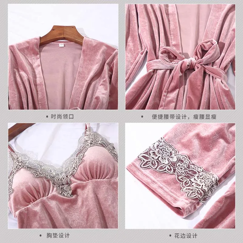 Kupokasi 4Pcs Pajamas Sets For Women Gold Velvet Warm Winter Pyjama Femme V-Neck Sexy Sleepwear Lingerie Sleeveless Nightwear