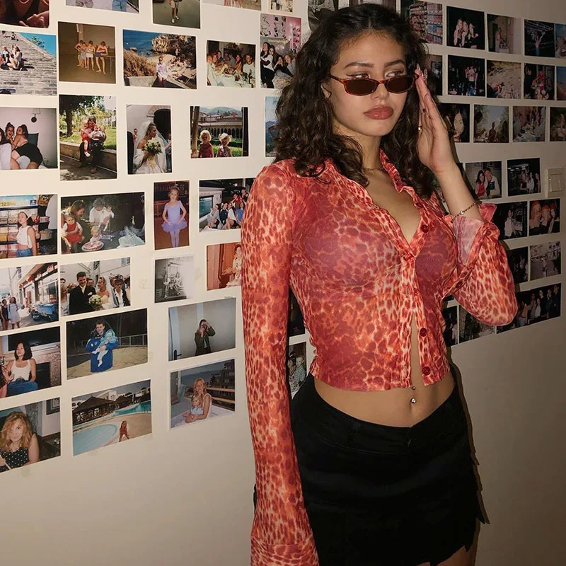 Leopard Print Top Women Stylish Y2K V Neck Short Cardigan Streetwear Autumn Fashion Long Sleeve Buttons Top Clothing for Women