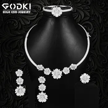 

GODKI Luxury 4PCS Flowers African Jewelry Sets For Women Wedding Cubic Zirconia Dubai Bridal SetS Silver Color Costum Jewelry