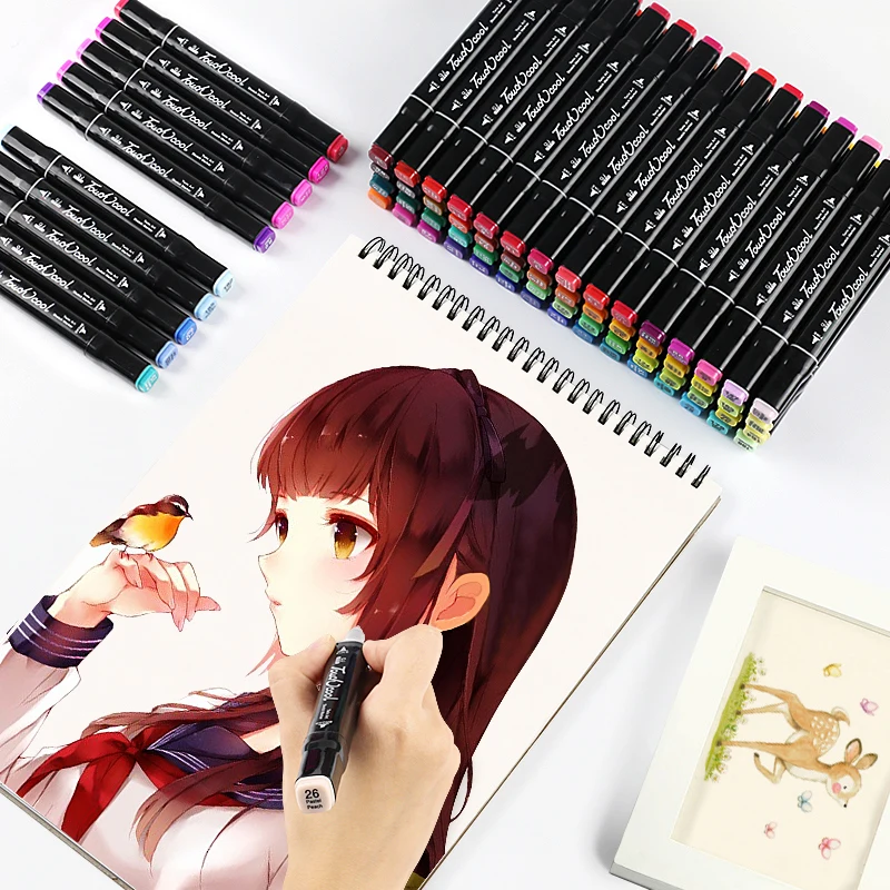 Ceny Touchcool Marker długopis 30 40 60 80 168 kolor pędzelek do zdobień szkic Marker z podwójną końcówką do rysowania artystycznego pędzelek do zdobień s na bazie alkoholu z 4 prezenty