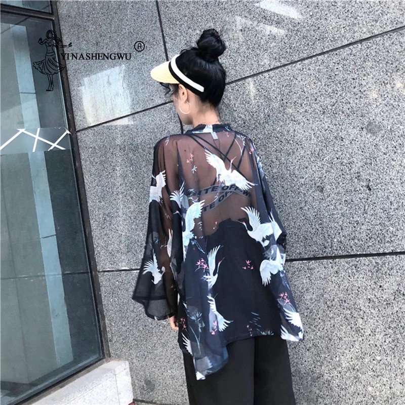 Kimono Mujer Asia Japanese Kimono Women Printed Thin Kimono Jacket Bat Sleeve Coat Transparent Jackets Kimono Cosplay Cardigan