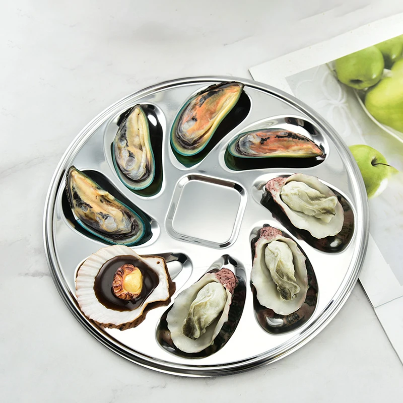 

Round Stainless Steel Oyster Plate Restaurant Grill Bar Buffet Seafood Plate Kitchen Tools Steamer Barbecue Accessories Gadgets