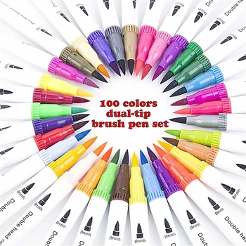 

48/60/80/100 Pcs Colors Dual Head Brush Colored Pens Fine Liner Drawing Painting Watercolor Marker Pen School Art Supplies