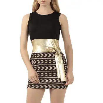 

New Women Fashion Printed Patchwork Sleeveless O Neck Bodycon Sash Mini Party Dress