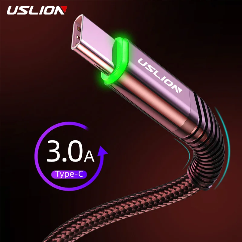 

USLION USB Type C Cable 3A Fast Charging Wire Type-C for Samsung Xiaomi Huawei USB C Mobile Phone Cable Charger LED Cord