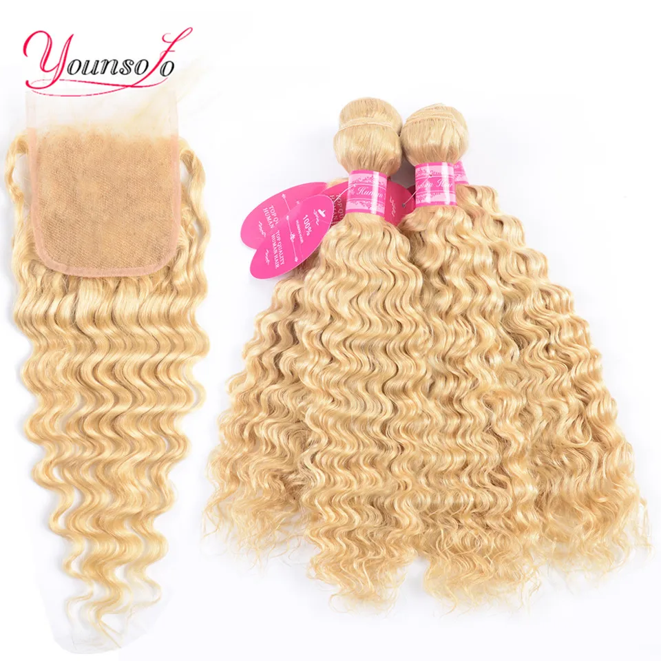 

Younsolo 613 Blonde Bundles With Closure Brazilian Deep Wave Bundles With Closure Remy 100% Human Hair Bundles With Closure