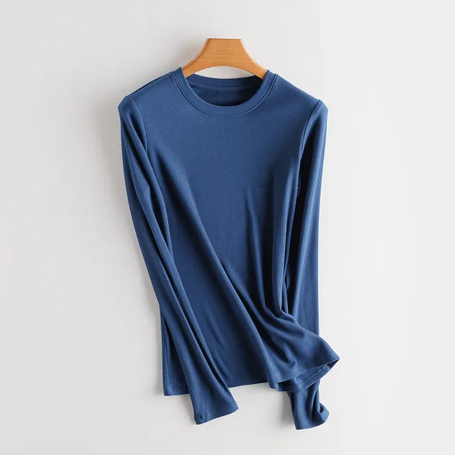 SuyaDream Women Bottoming T Shirt Real Silk Blend Long Sleeves Solid Basic Shirt 2021 Autumn Winter Turtleneck Top Blue O neck