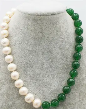 

green jade round and white near 12mm freshwater pearl necklace 18inch