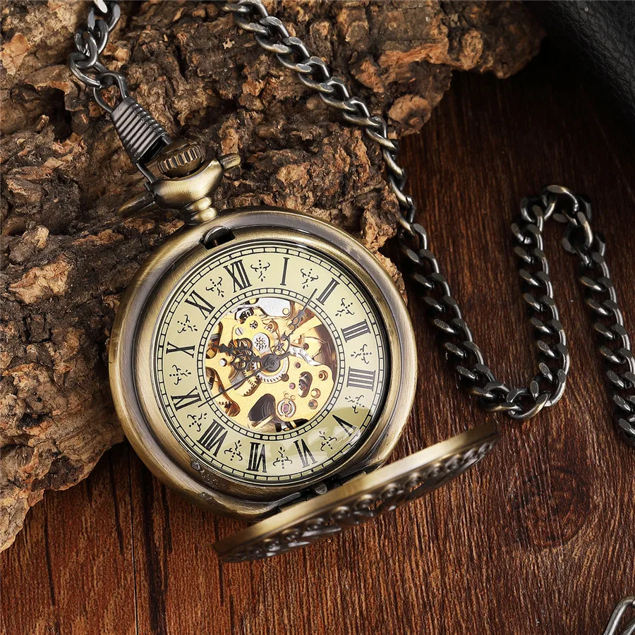 Unique Silver Steampunk Sun Flower Hollow Design Mechanical Pocket Watch Male Clock Retro Skeleton Hand Wind Watches FOB Chain