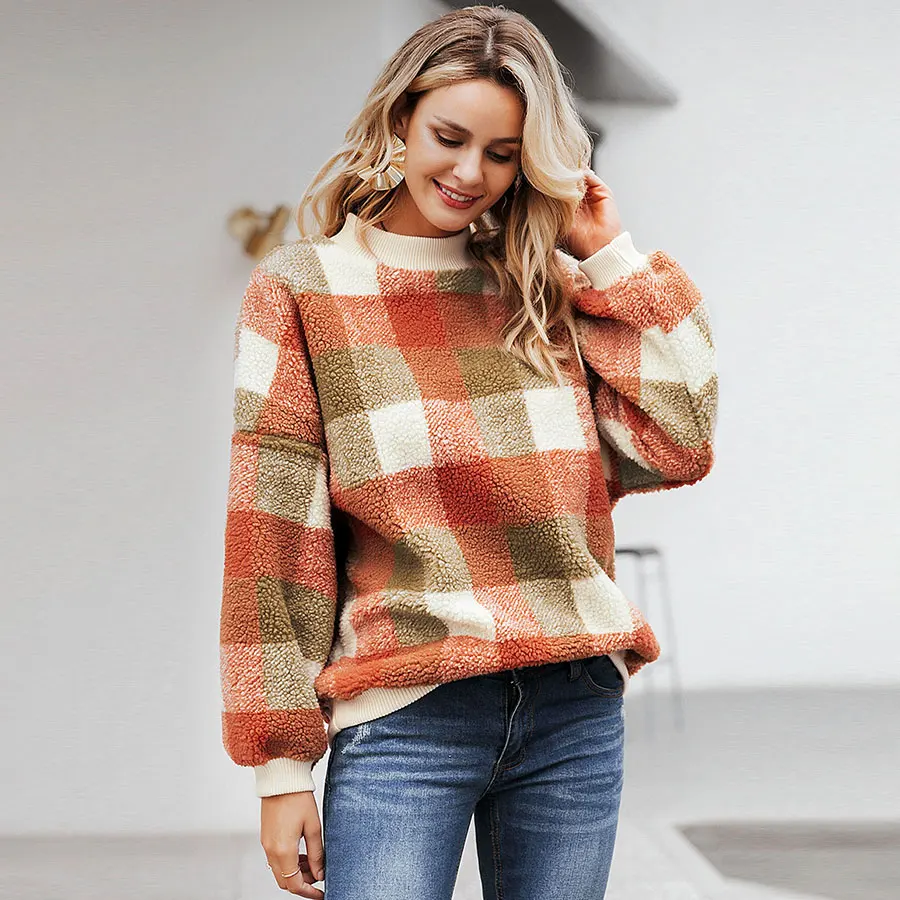 

Retro Faux Lamb Plaid Sweatshirts Korean Women Winter Warm Casual Long Sleeve Loose Hoodies Ladies Pullovers Tops Female Fashion