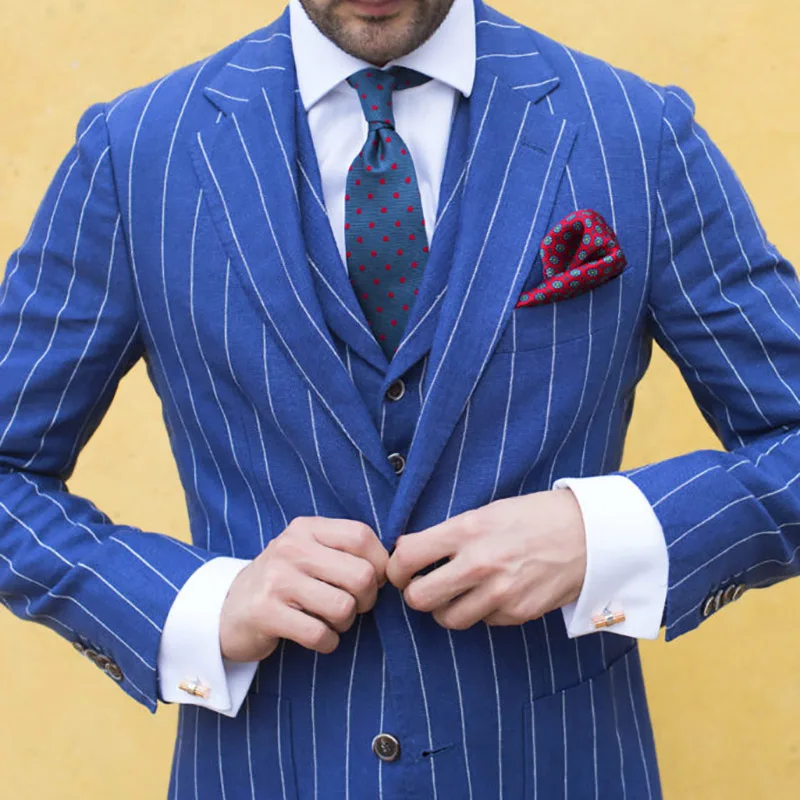 

Custom blue men suits vertical stripe smart casual suits for business wedding homecoming terno slim fit tailor made suit 3 piece