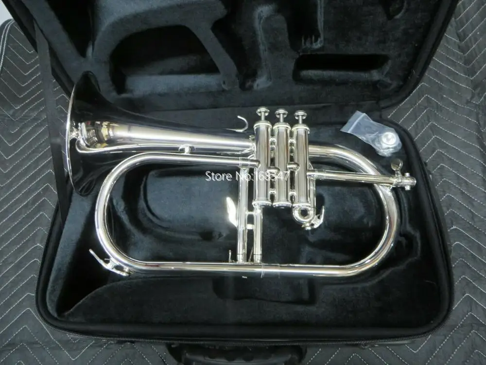 Bb Flugelhorn 실버 도금 노란색 황동 벨, 케이스 마우스피스 포함 인기 악기, 무료 배송, 새로운 브랜드