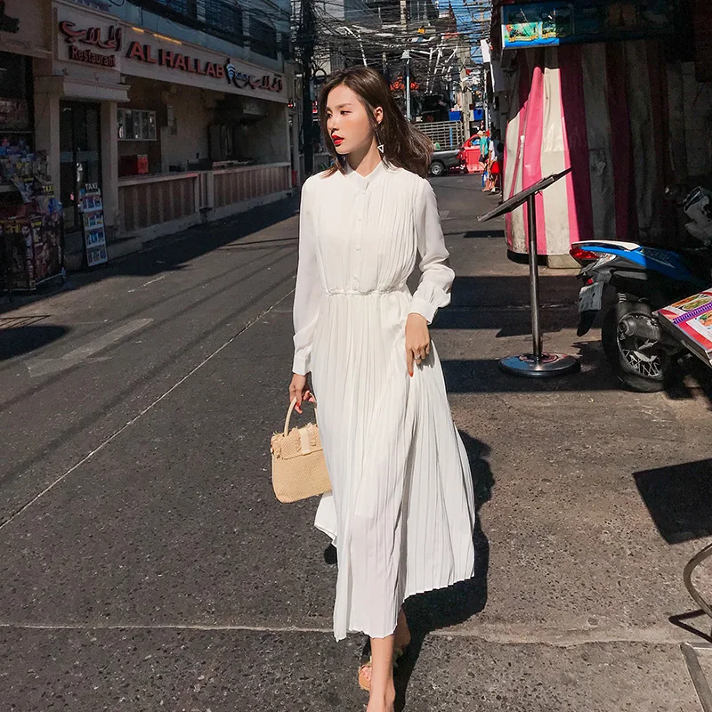 white long sleeves Лучшее весеннее длинное платье в складку летнее повседневное женское с высокой талией Elascity - Цвет: white long sleeves