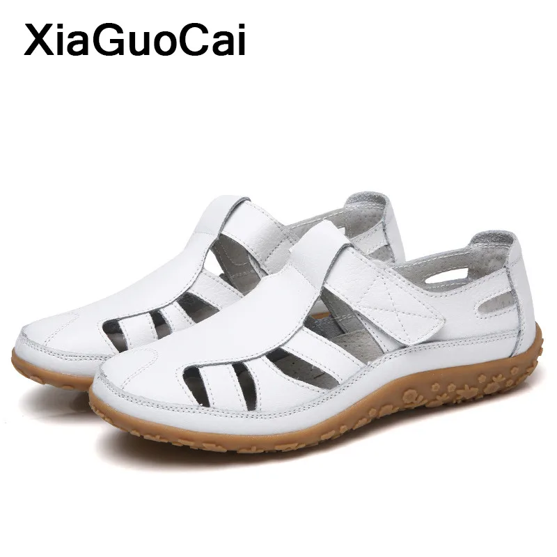 

2019 Summer Women Sandals Retro Leather Female Casual Shoes Breathable Hook & Loop Woman's Footwear Cool Loafers Plus Size