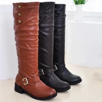 

Women Boots Ladies Retro Low-heeled Shoes Buckle Add Cotton Long Tube Knight Boots PU Leather Fashion Female Warm Shoes M50#