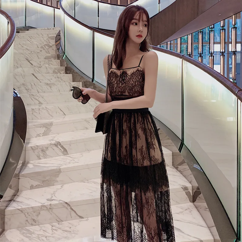 

2019 Spring And Summer Korean-style Sexy Tube Top Waist Hugging A- line Skirt Camisole Lace Dress Mid-length