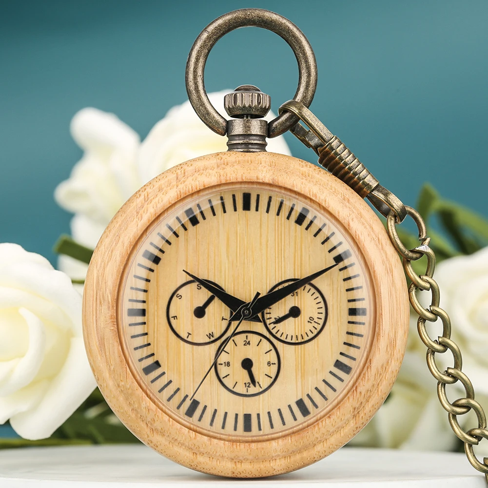 

Natural Bamboo Men Quartz Pocket Watch Round Dial With Roman Numerals Pocket Watches Bronze Pendant Chain