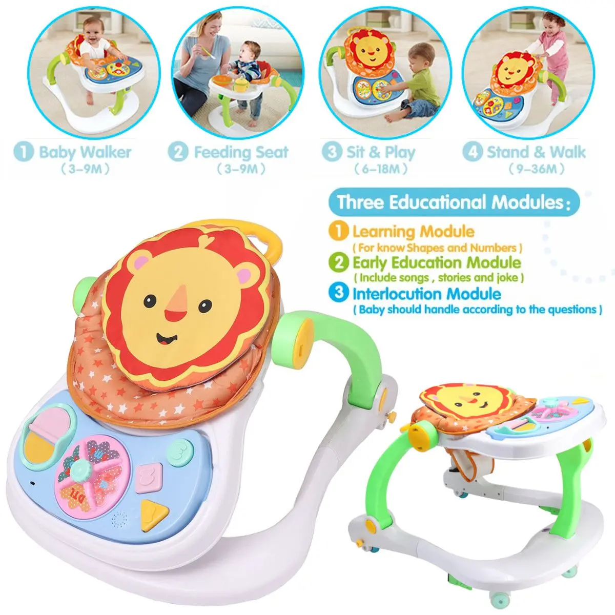 

4 In 1 Baby Walker Baby Balance First Steps Walker Kids Toddler Early Educational Trolley Learning To Stand Walker