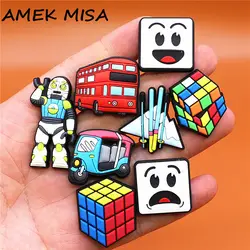 Dropshipping 1pcs Rubik's Cube PVC Shoe Charms Robot Tricycle Face Bus Shoe Accessories Decorations fit Bracelet Kids Gifts