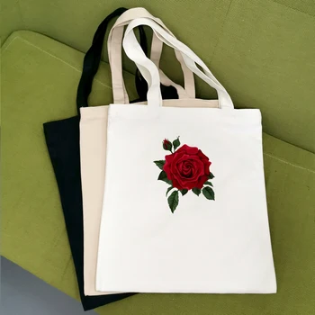 

Women Canvas Shoulder Bag Foldable Shopping Bag Red Flower Print High Quality Casual Harajuku Shoulder Bag For Women Aesthetic