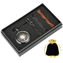 Карманные часы тонкая цепь набор Механические карманные часы ручной намотки выдалбливают черный циферблат кулон часы для женщин Подарочный набор для мужчин