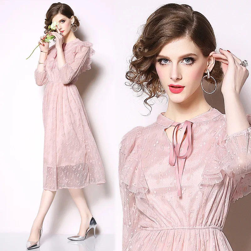 

Ozhouzhan 2019 Spring Clothing New Style Elegant Mid-length Pink Lace Dress Women's Autumn Slim Fit Slimming Waist Hugging
