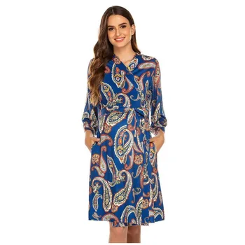 

Print Flower Women Robe Loose Lougne Sleepwear Satin Silky Nightgown Kimono Bathrobe Gown Home Clothes For Pregnant Nightdress