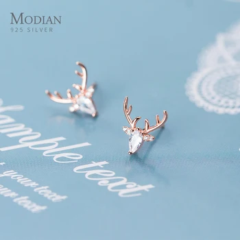 

Modian Bright Zircon Exquisite Lovely Animal Antlers Sterling Silver 925 Sud Earring for Women Elk Pattern Ear Pin Fine Jewelry