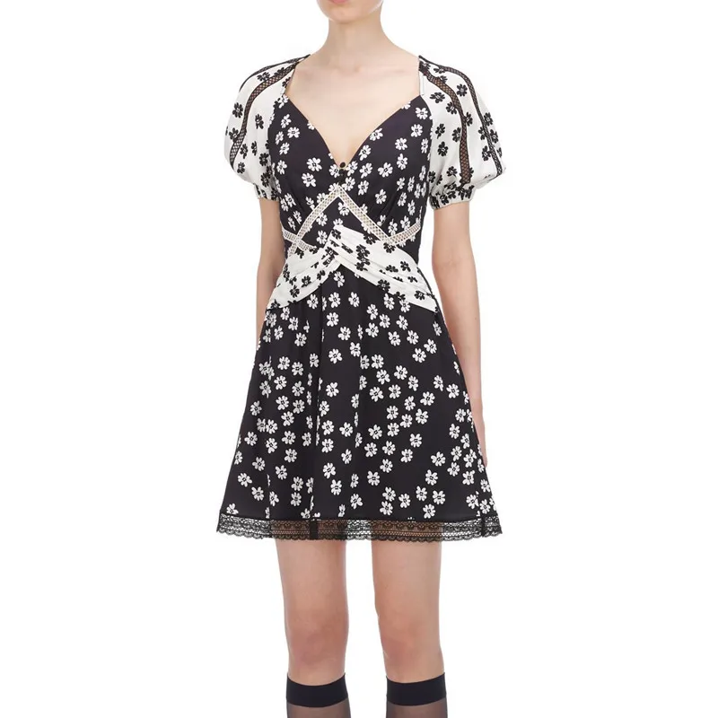 

Self Portrait Summer Flower Print Hollow Out Black Lace Patchwork Mini Dress Women V-neck Casual Party Dress Sukienki