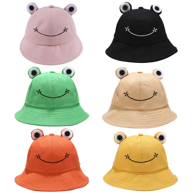 

Kids Cartoon Frog Bucket Hat Wide Brim Sun Protection Adjustable Fisherman Cap