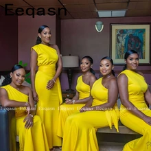 Желтое Недорогое Платье для подружки невесты до 50 Русалка одно плечо Длинные свадебные вечерние платья для женщин