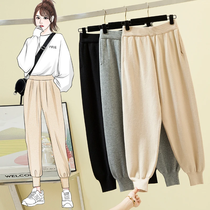 

Autumn Winter Women's Thickened Knitting Waist Casual Wide-Leg Pants