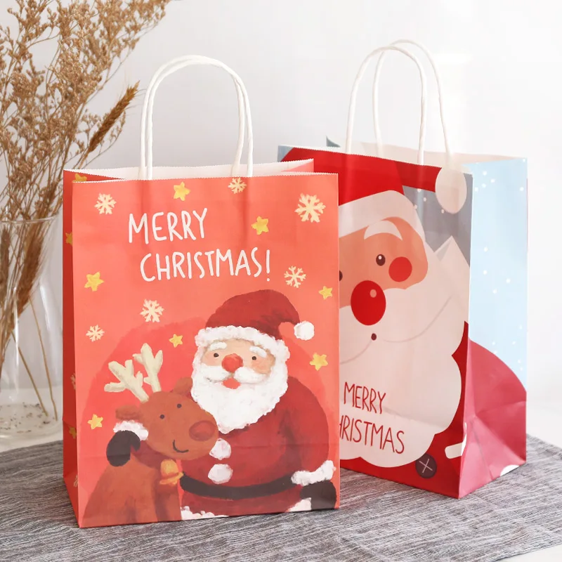 10pcs Christmas Paper Gift Bags Cute Shopping Bags With Handle Xmas Elk Snowflake Cookie Biscuit Candy Gift Packaging Bags