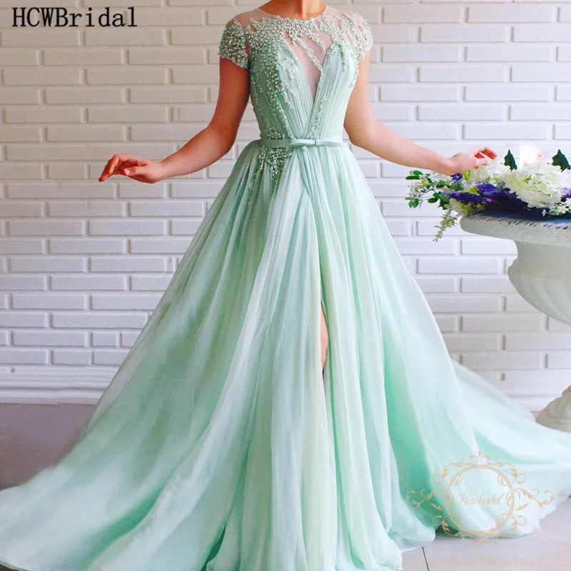 Зеленое мятно-Зеленое Длинное официальное вечернее платье с коротким рукавом