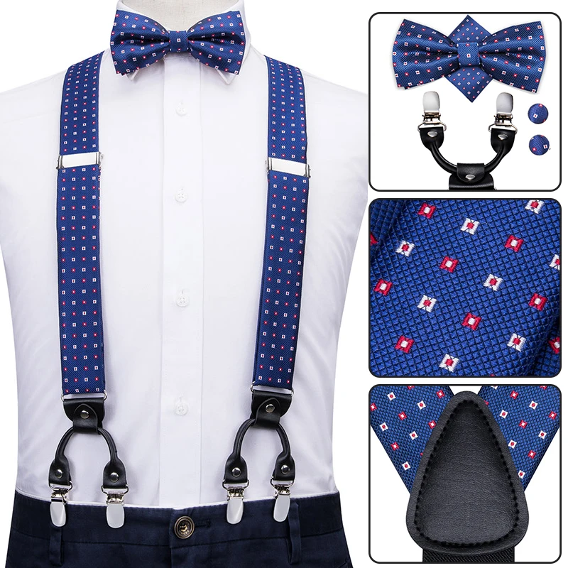 Hi-Tie, шелковые, для взрослых, мужские подтяжки, набор, кожа, металл, 6 зажимы подтяжек, золотые, коричневые, цветочные, винтажные, мужские, эластичные, свадебные подтяжки
