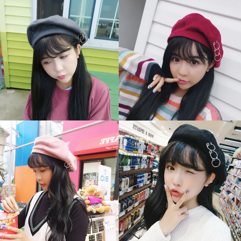 

Harajuku Cool round Iron Hoop Wool Painter Cap Bud Hat Korean-style Retro Bailey Sesame Seed Cake Hat Fashion Autumn And Winter