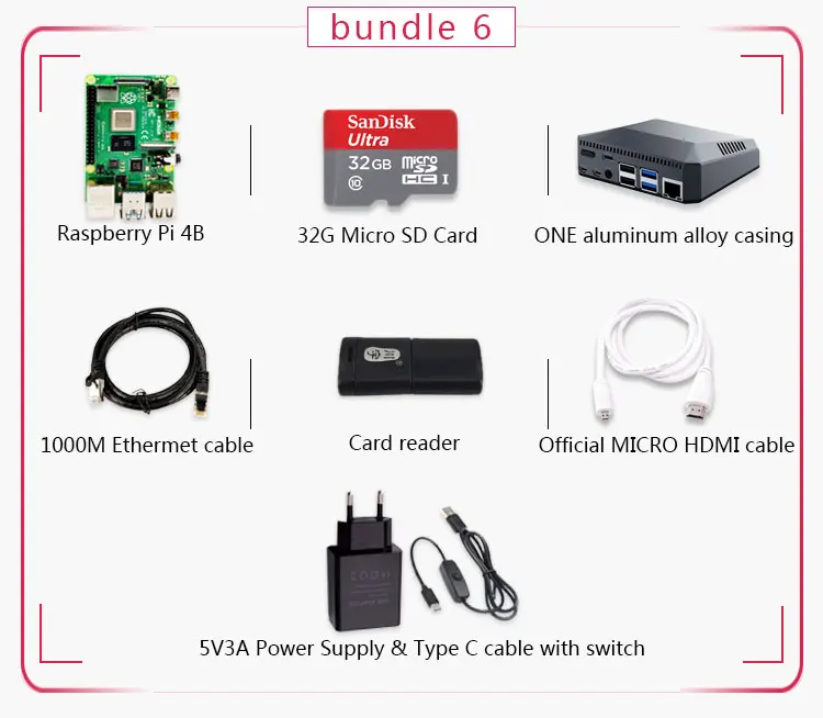 Original Raspberry Pi 4 Model B 1G Kit Pi 4 board Micro HDMI Cable Power Supply With Switch Case With Fan Heat Sinks