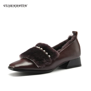 

New Wool Square Toe Mid-heel Pearl Single Shoes Women's Autumn Winter Thick-heeled Warm Loafers Retro Plus Velvet Single Shoes