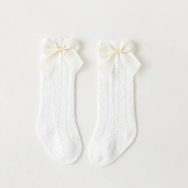 0-7 Years Summer Kids Socks With Bow Baby Girls Long Sock Knee High Cotton Hollow Out Toddlers Socks Mesh Children Princess Sock White