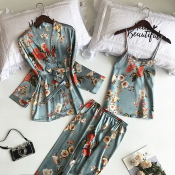 

SAPJON 2019 New 3 PCS Women Pajamas Sets with Pants Sexy Pyjama Satin Flower Print Nightwear Silk Negligee Sleepwear Pyjama