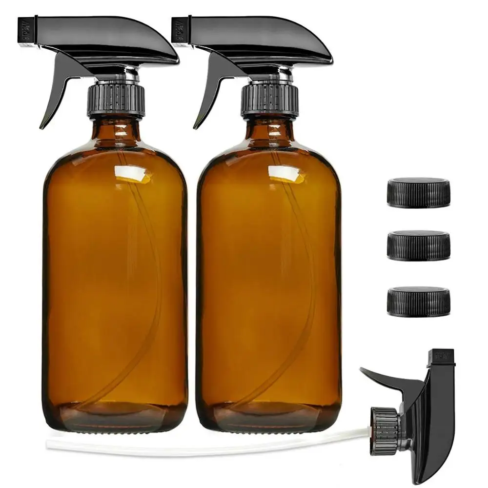 

Free Shipping 2pcs Empty Amber Glass Spray Bottle 16oz Refillable Container with 3pcs cap for Essential Oils